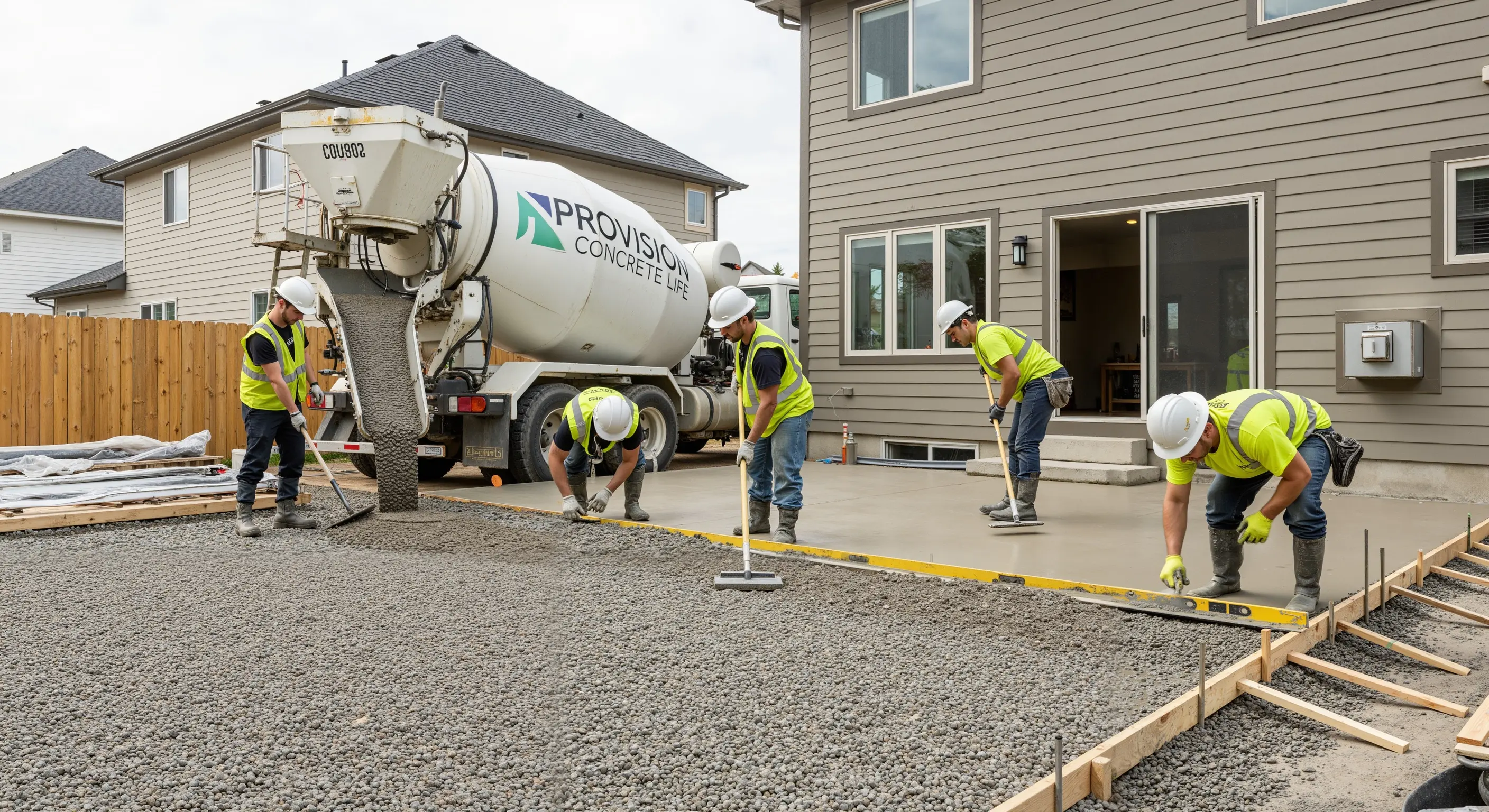 Construction worker in safety gear working on concrete